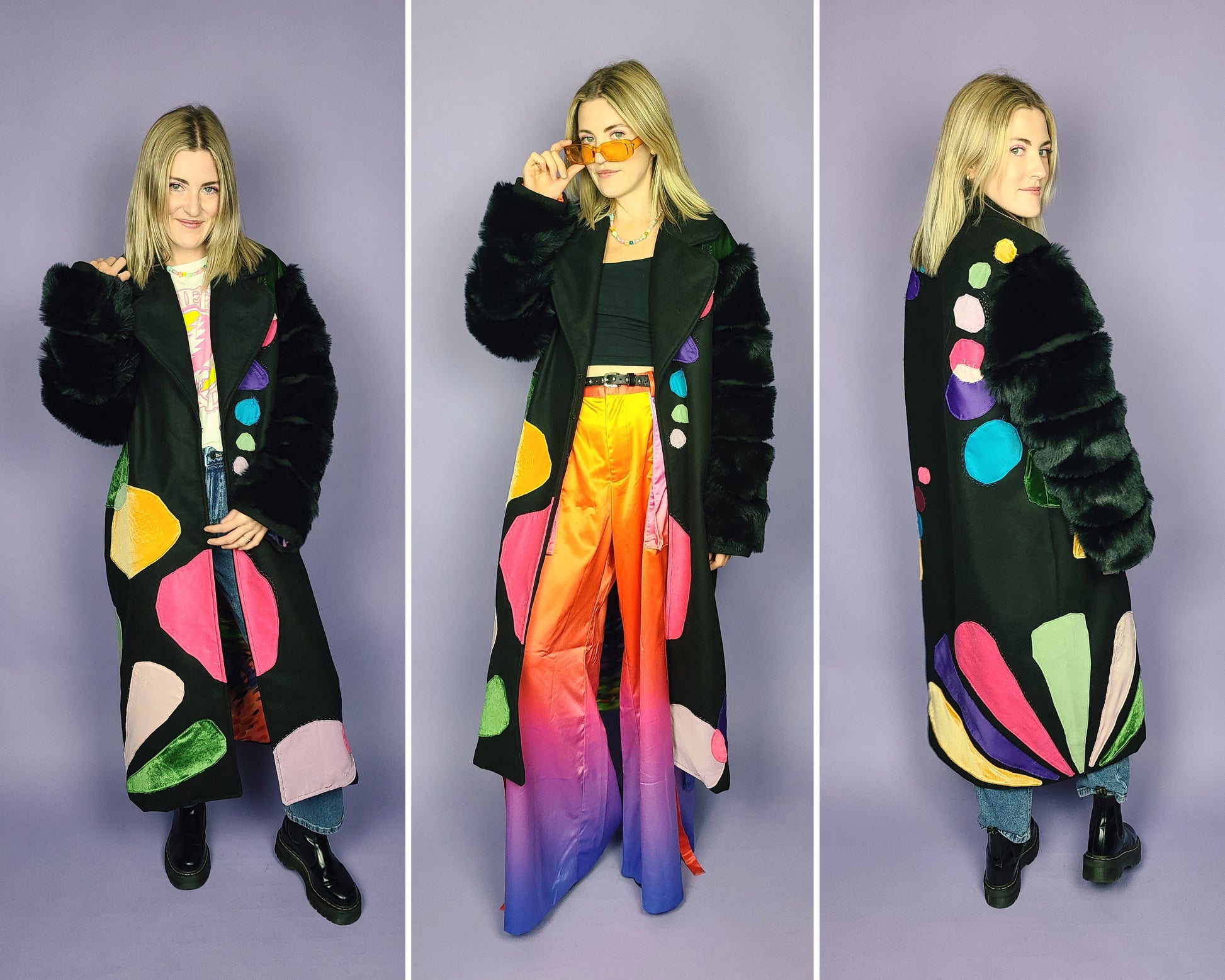Collage of woman wearing black coat with colorful pattern