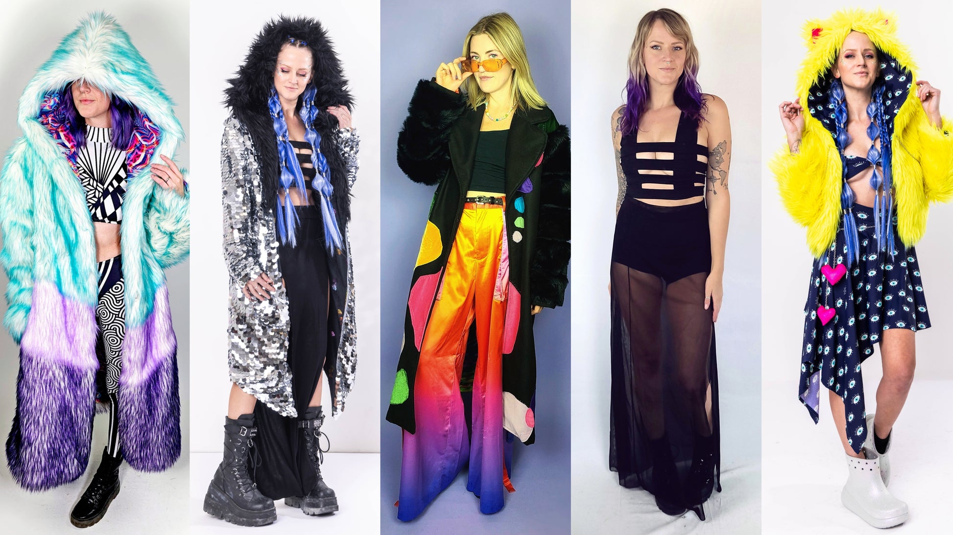 Collage of women wearing different styles of coats and garments