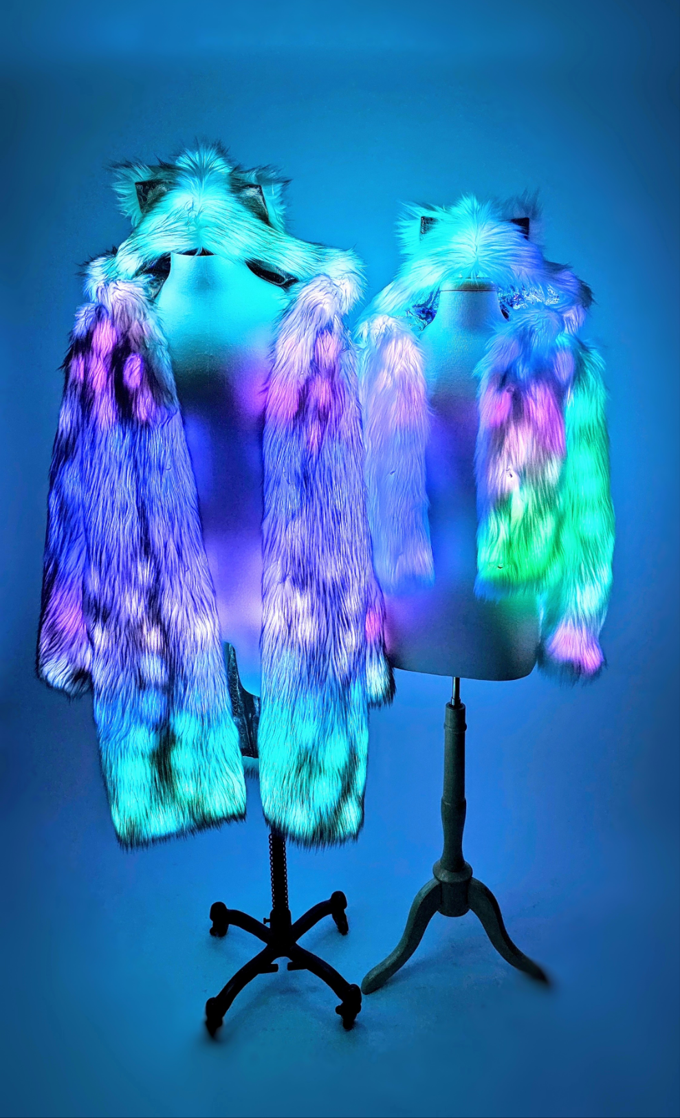 Masculine mid-length LED coat and feminine short LED coat