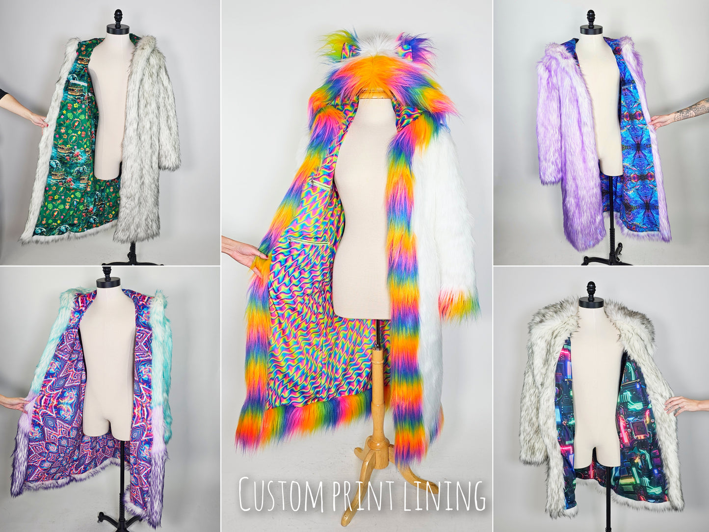 Collection of colorful patterned scarves on mannequins with 'Custom Print Lining' text.
