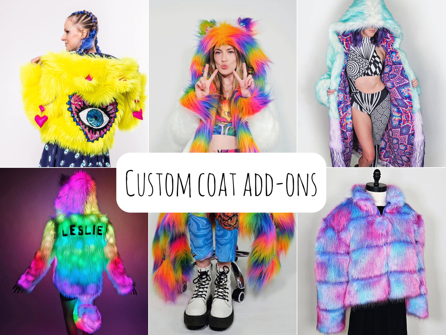 Collage of colorful custom coat add-ons with people wearing them.