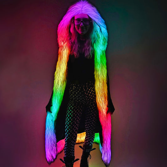 Woman wearing light up duster with hood on