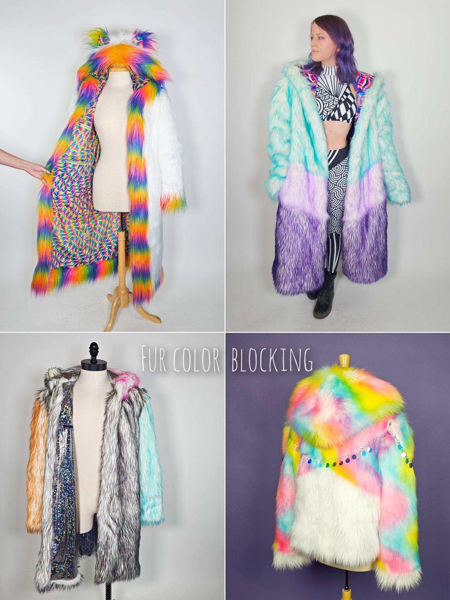 Collage of colorful fur coats and scarves with a focus on fur color blocking.
