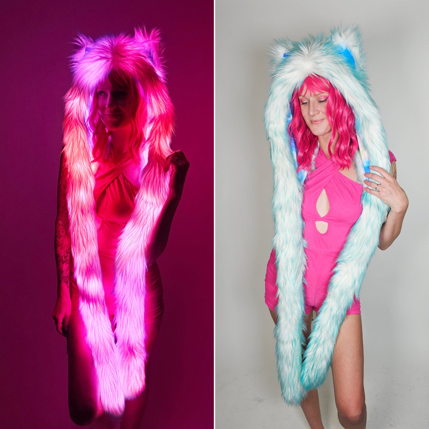 Split image with aqua blue faux fur hood, pictured on the left in the dark with LEDs, on the right in bright light