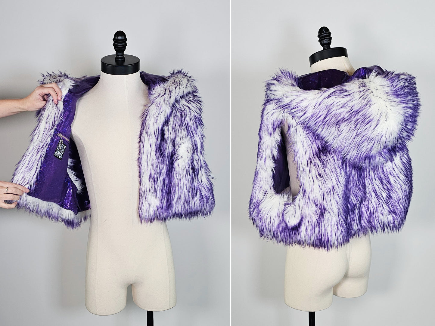 Purple and white fur vest on a mannequin against a white background