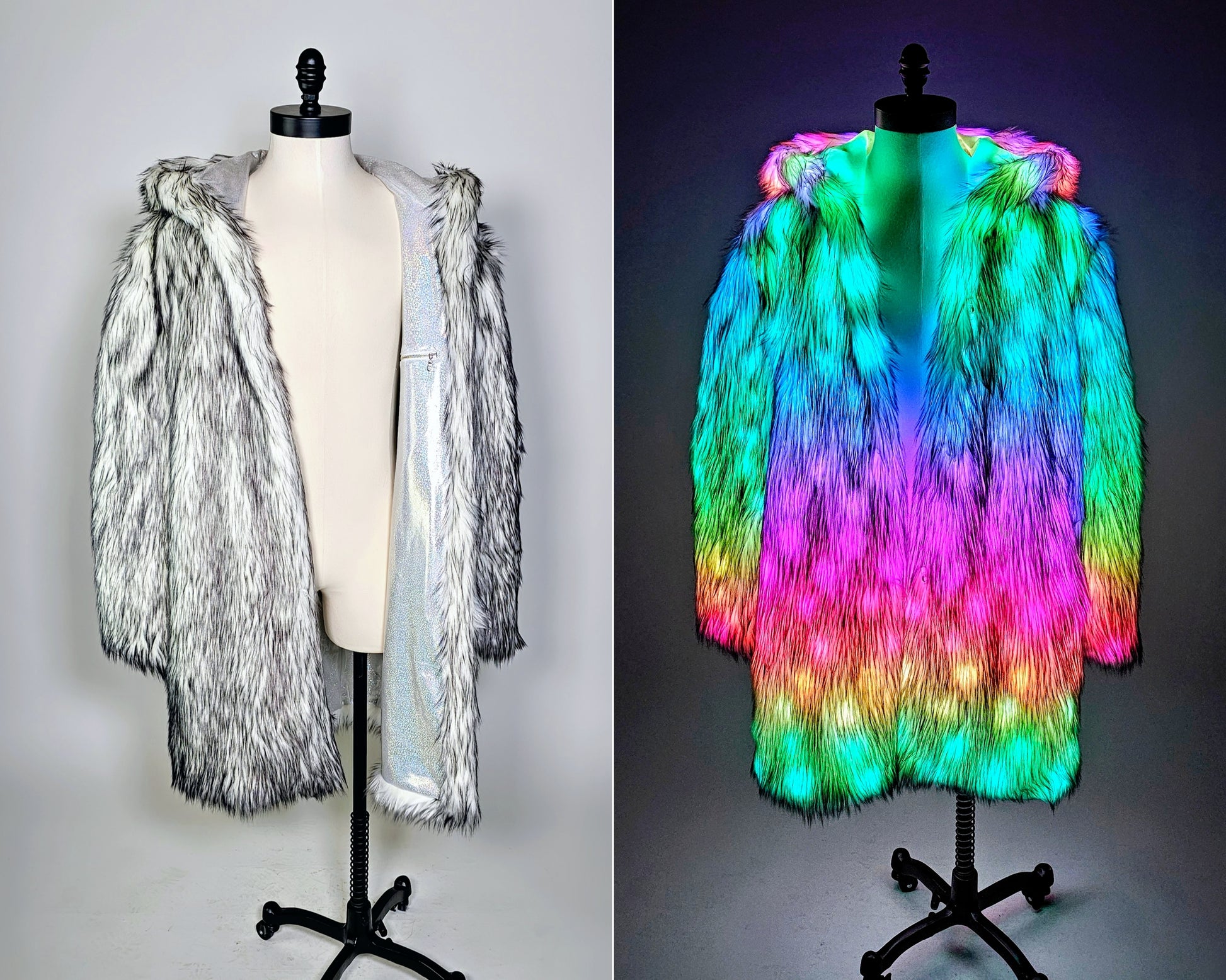 Mid-length LED coat collage with and without lights on