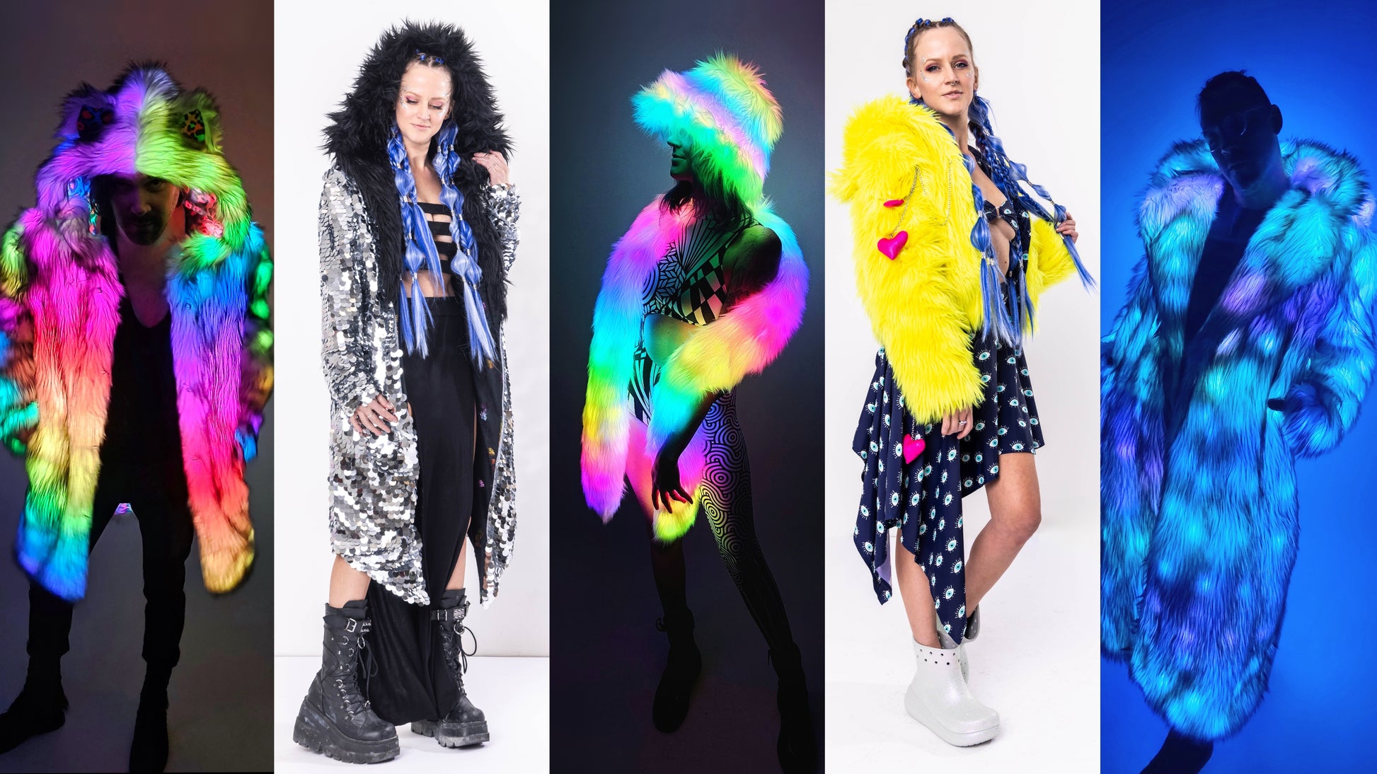 Collage of different products including coats, hat, and glow worm