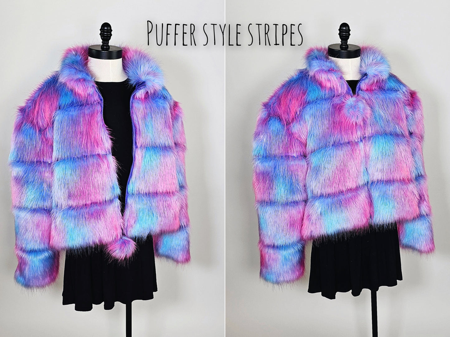 Multicolored puffer-style striped coat on a mannequin against a white background