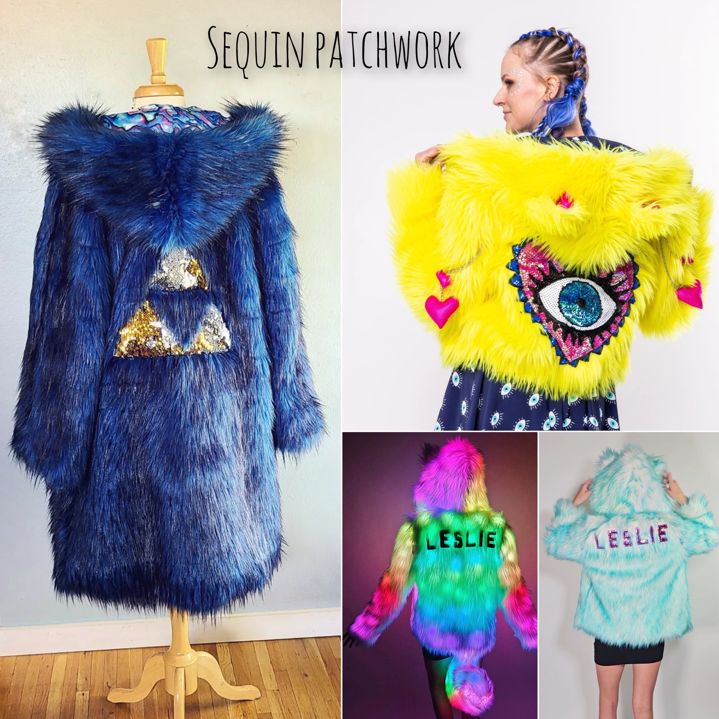 Collage of sequin patchwork clothing including a blue fur coat, yellow outfit with heart design, and colorful outfits with names.
