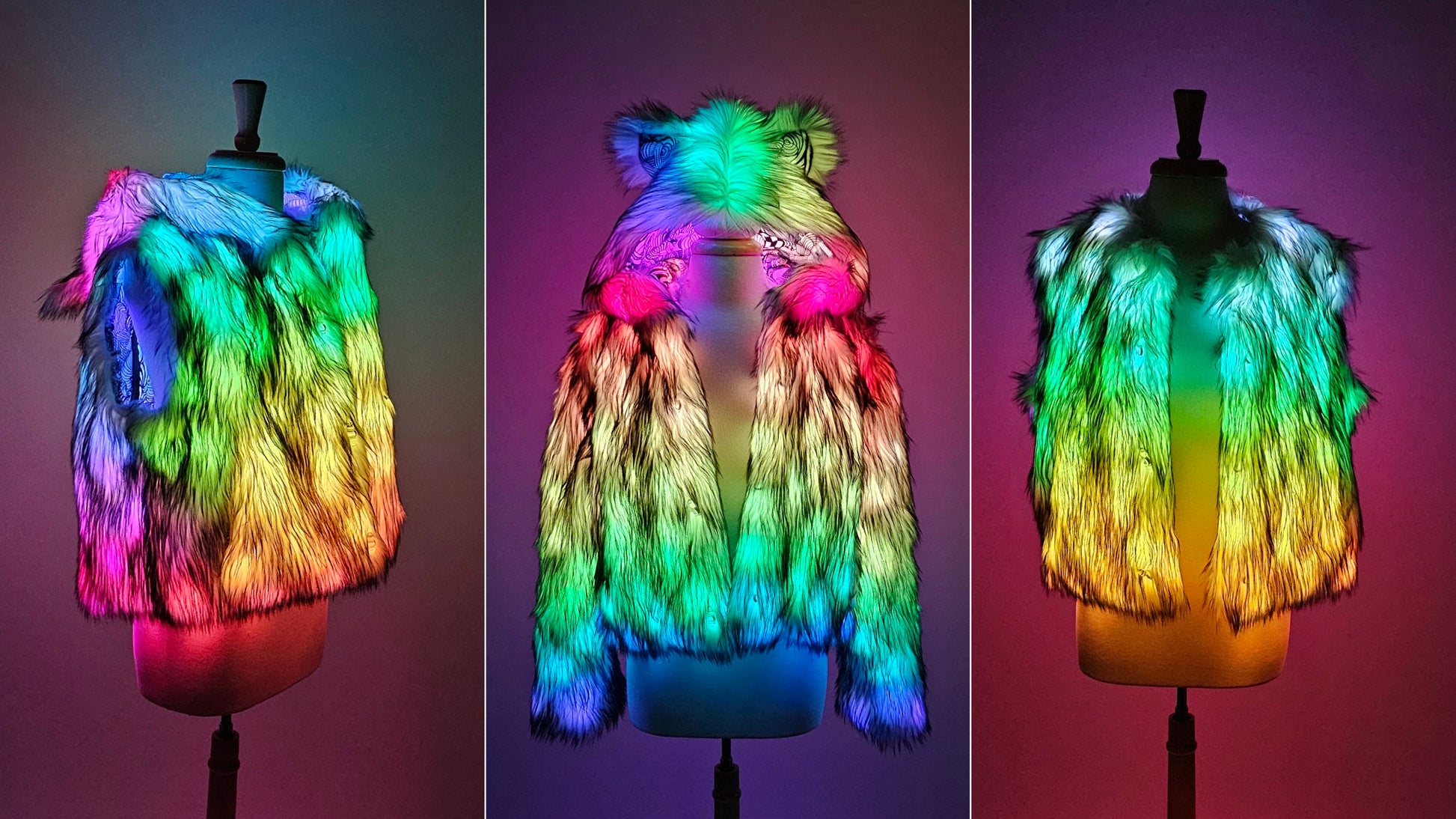 LED Coat with removable sleeves and hood collage