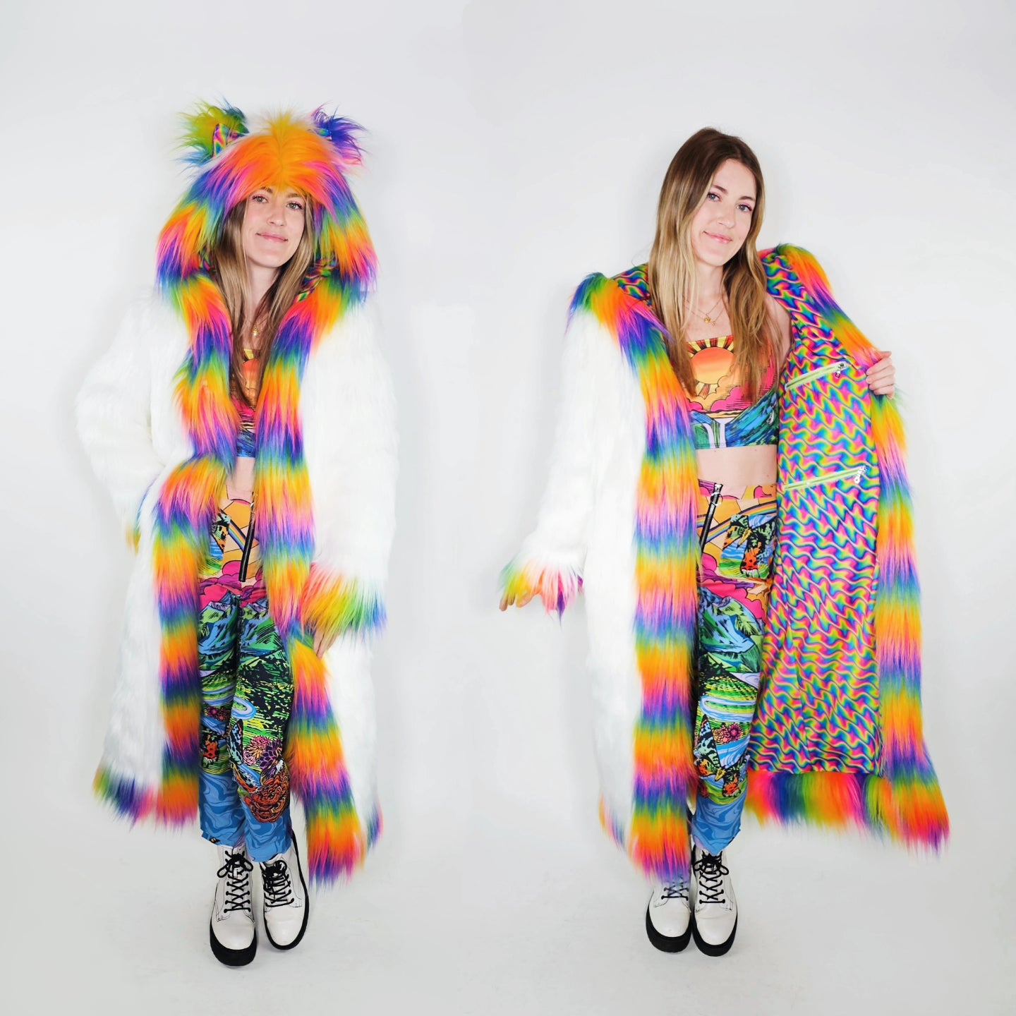 Split Image of woman colorful outfit with a rainbow-themed coat on a white background