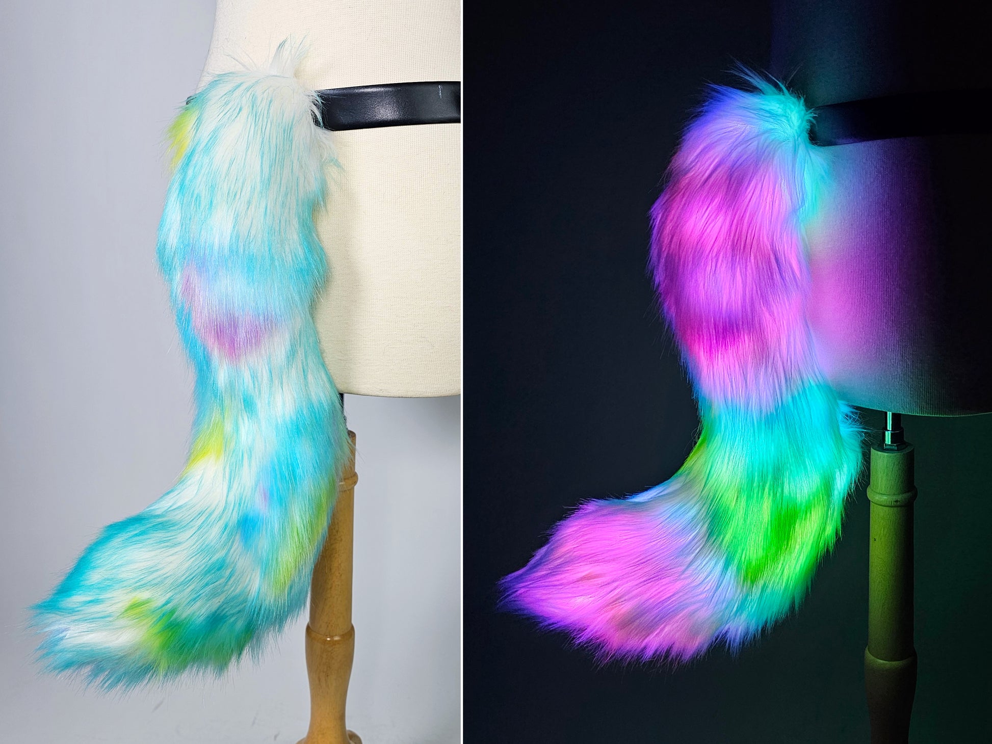 Mannequin wearing a multicolored faux fur tail with programmable LED lights, attached to a belt.
