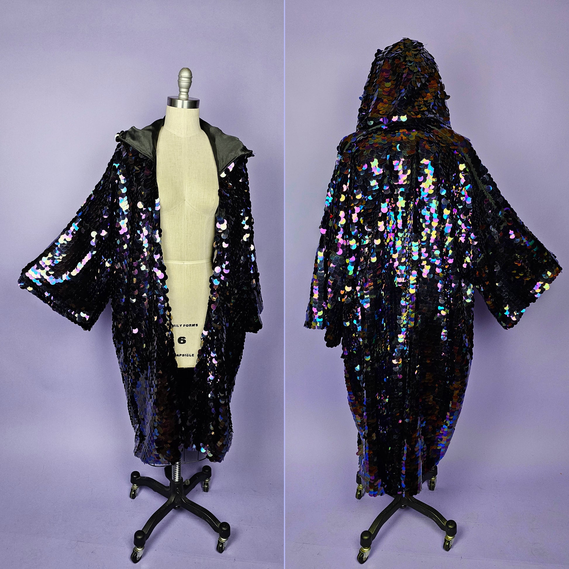 Split image with 2 angles of a hooded sequin kimono with iridescent black sequins