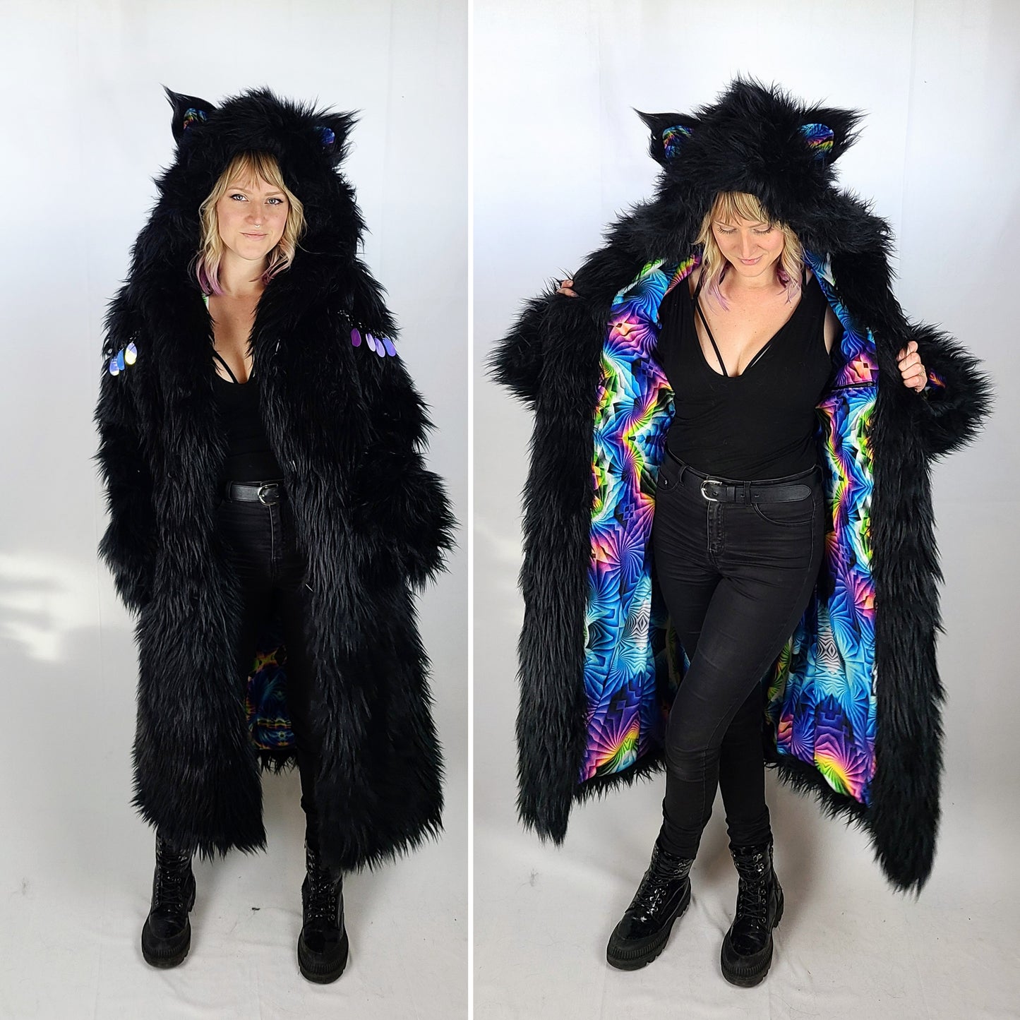 Collage of woman wearing a long black faux fur coat with colorful lining.