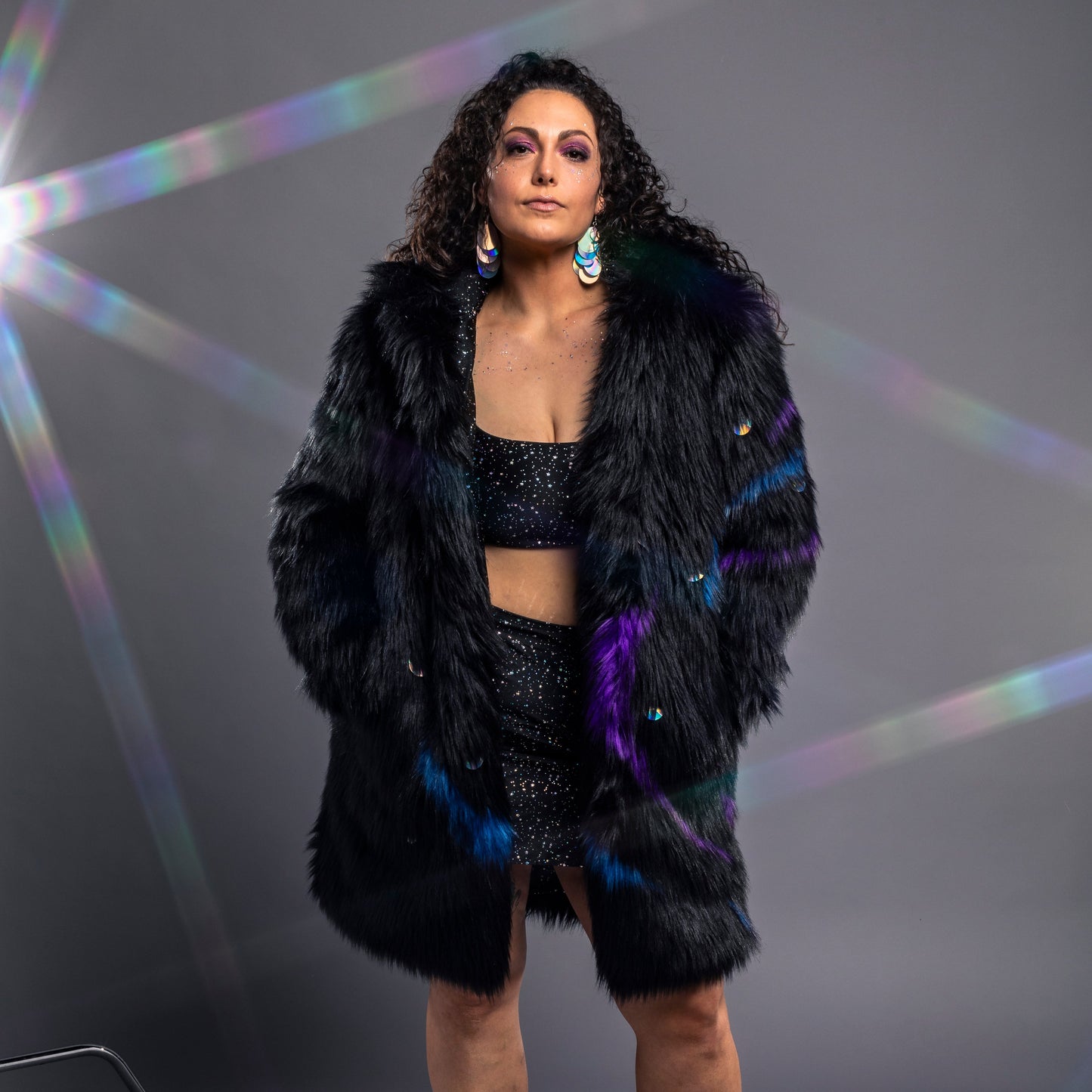black faux fur coat with galaxy details