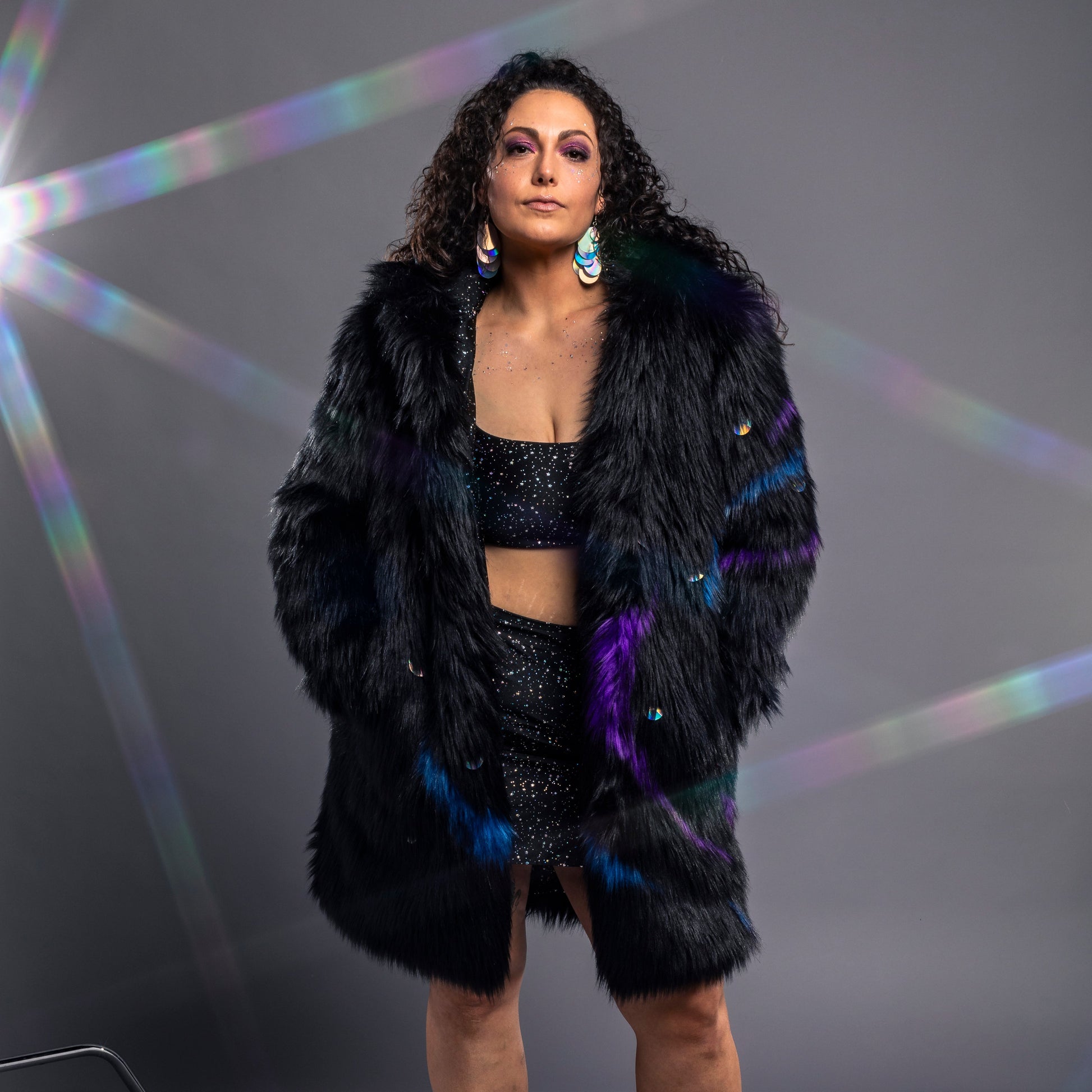 black faux fur coat with galaxy details