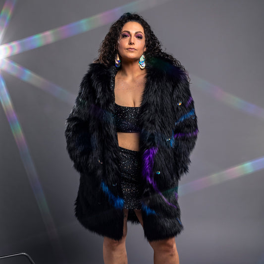 black faux fur coat with galaxy details