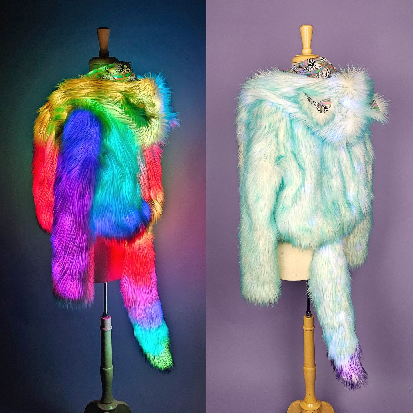 Collage of aqua blue faux fur led coat with matching fur tail.