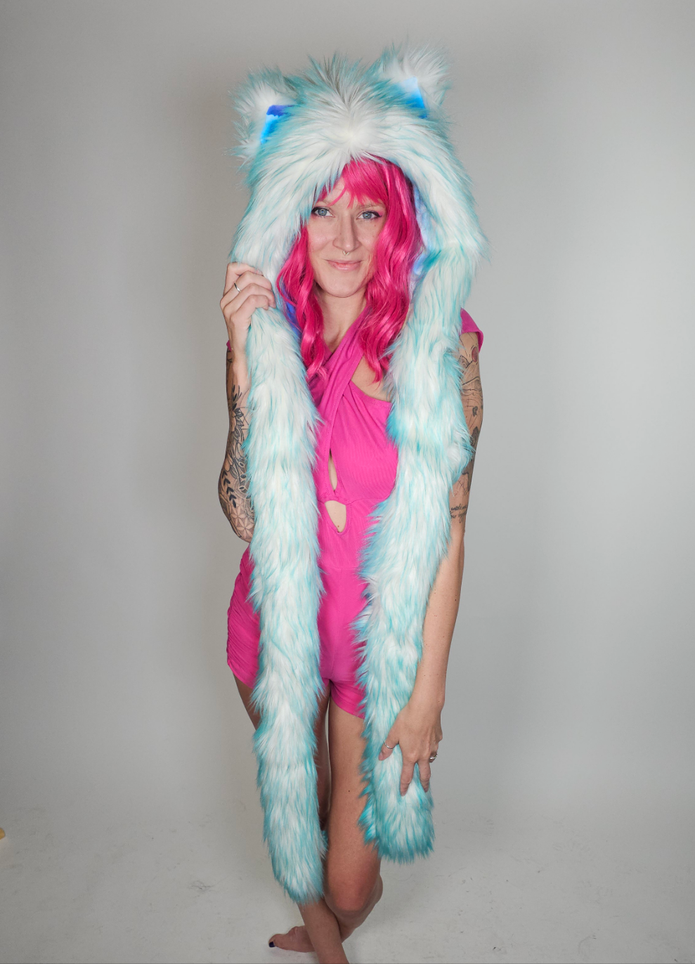 Aqua blue faux fur hood with LEDs