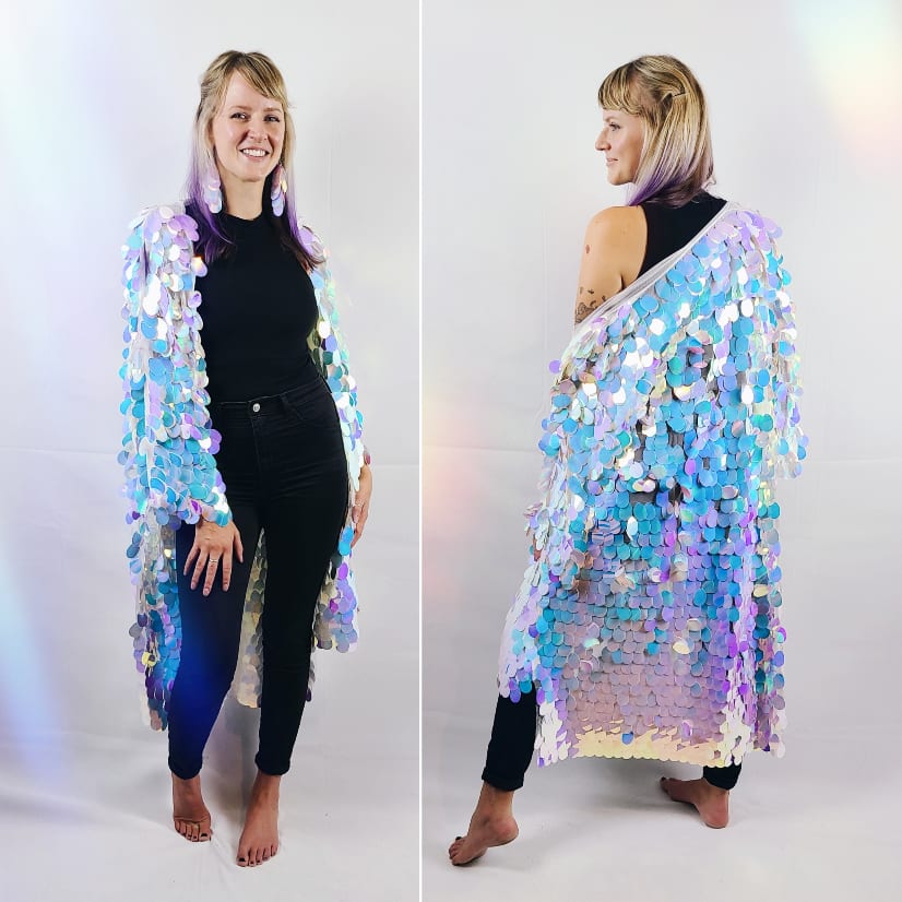 Split image with woman wearing a sequin kimono with oversized teardrop shaped sequins.