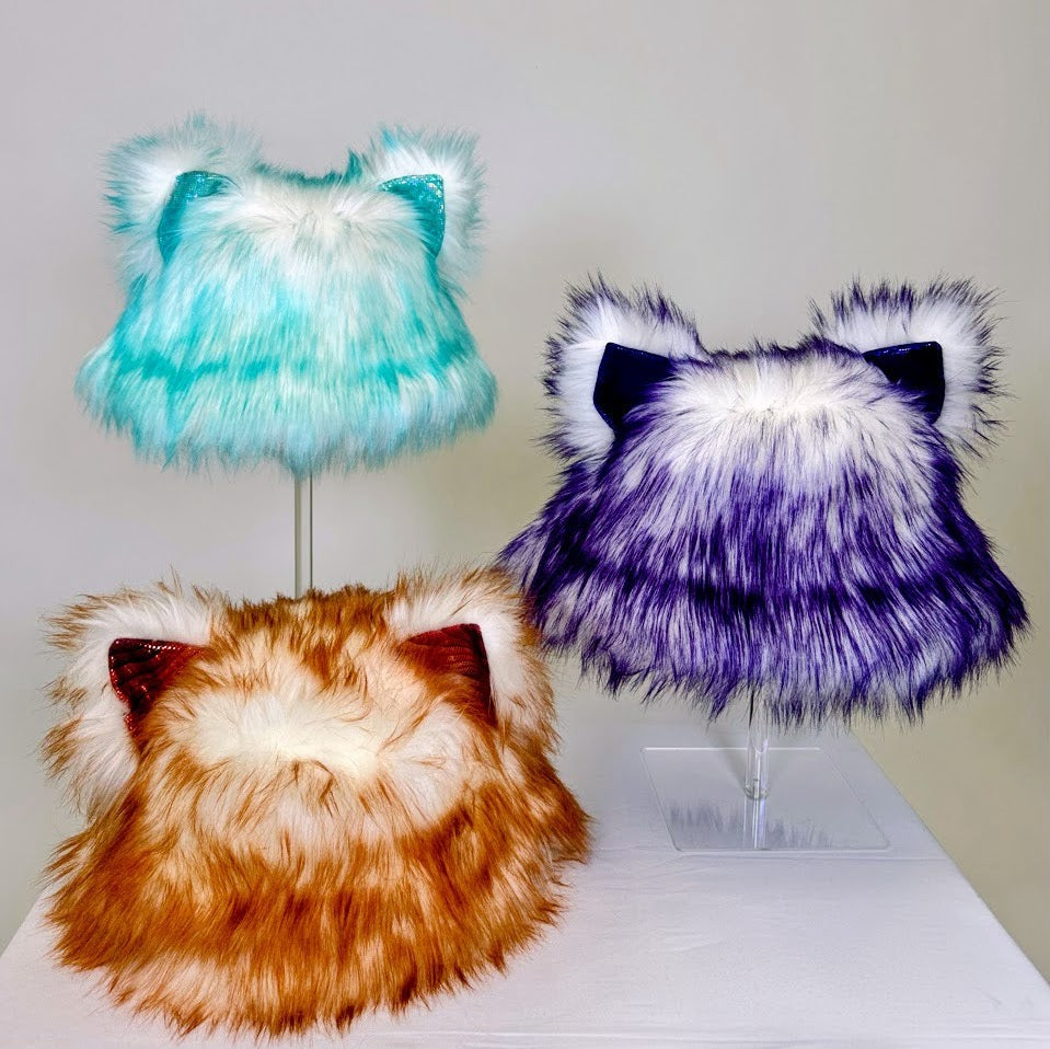 Fuax fur bucket hats with animal ears in various colors