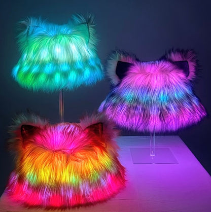 Faux fur bucket hats with animal ears and LED lights