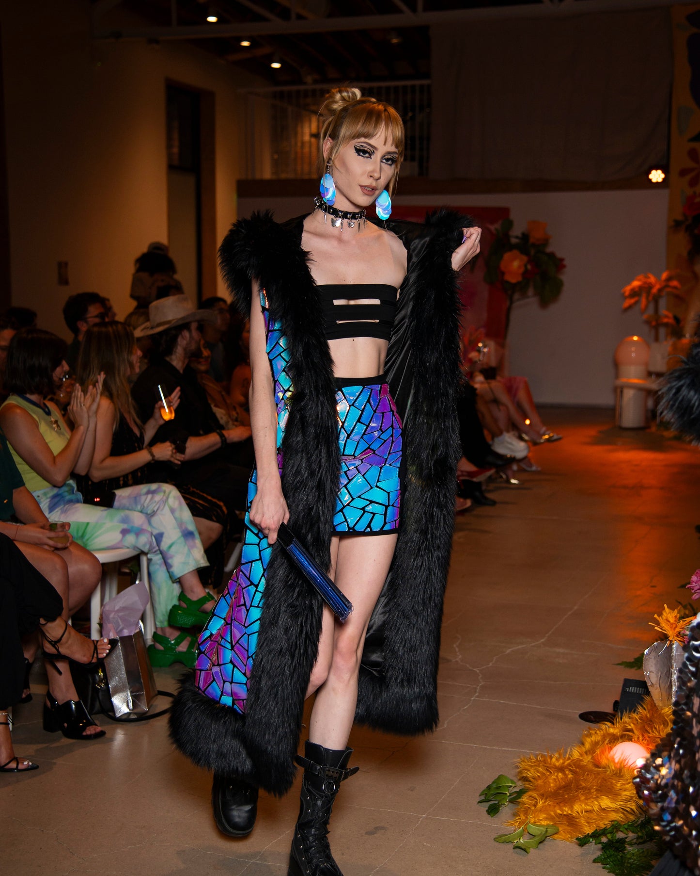 iridescent duster vest with black faux fur trim