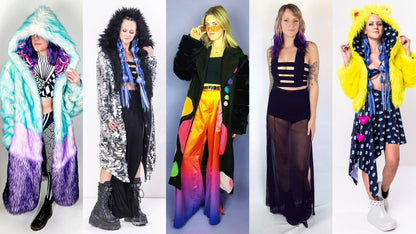 Collage of women wearing different styles of coats and garments