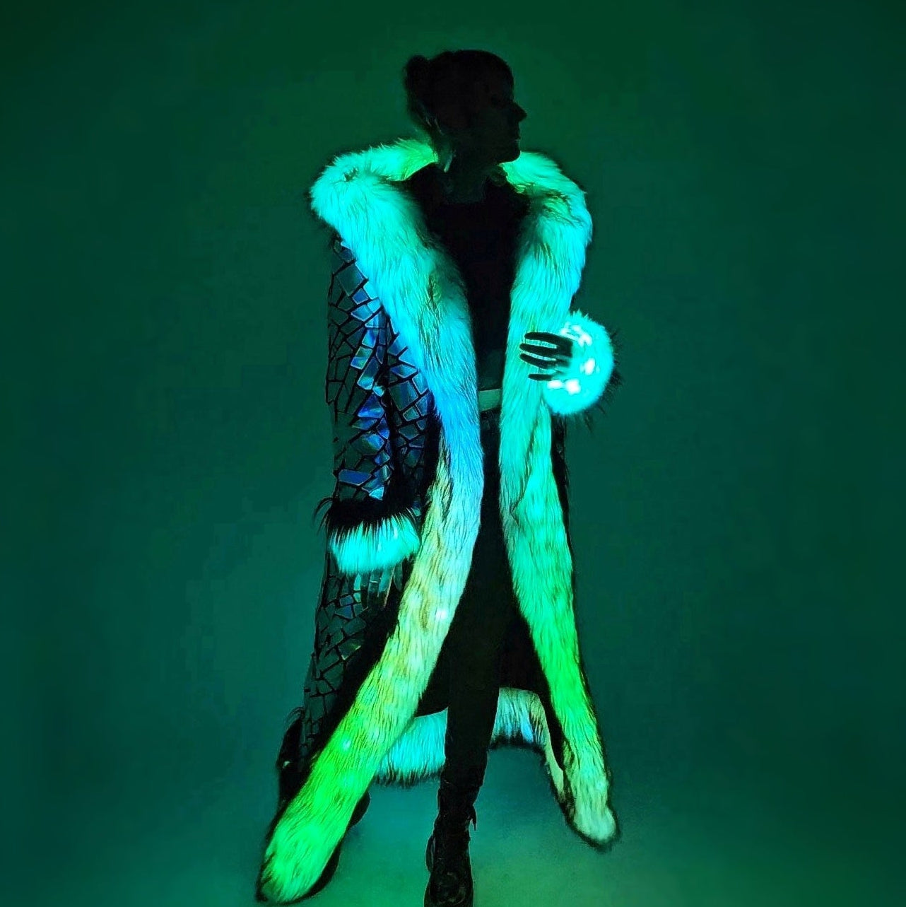 person wearing custom coat with LED fur trim
