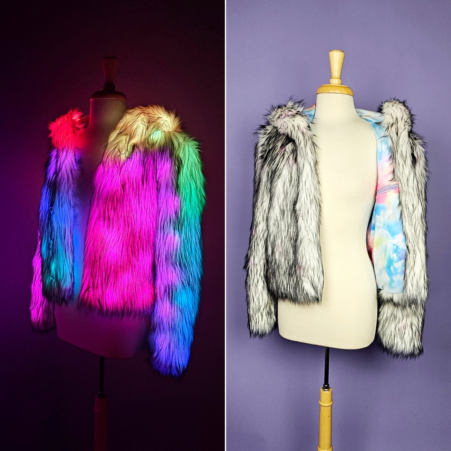 Short gray faux fur coat with cloud print lining and leds.