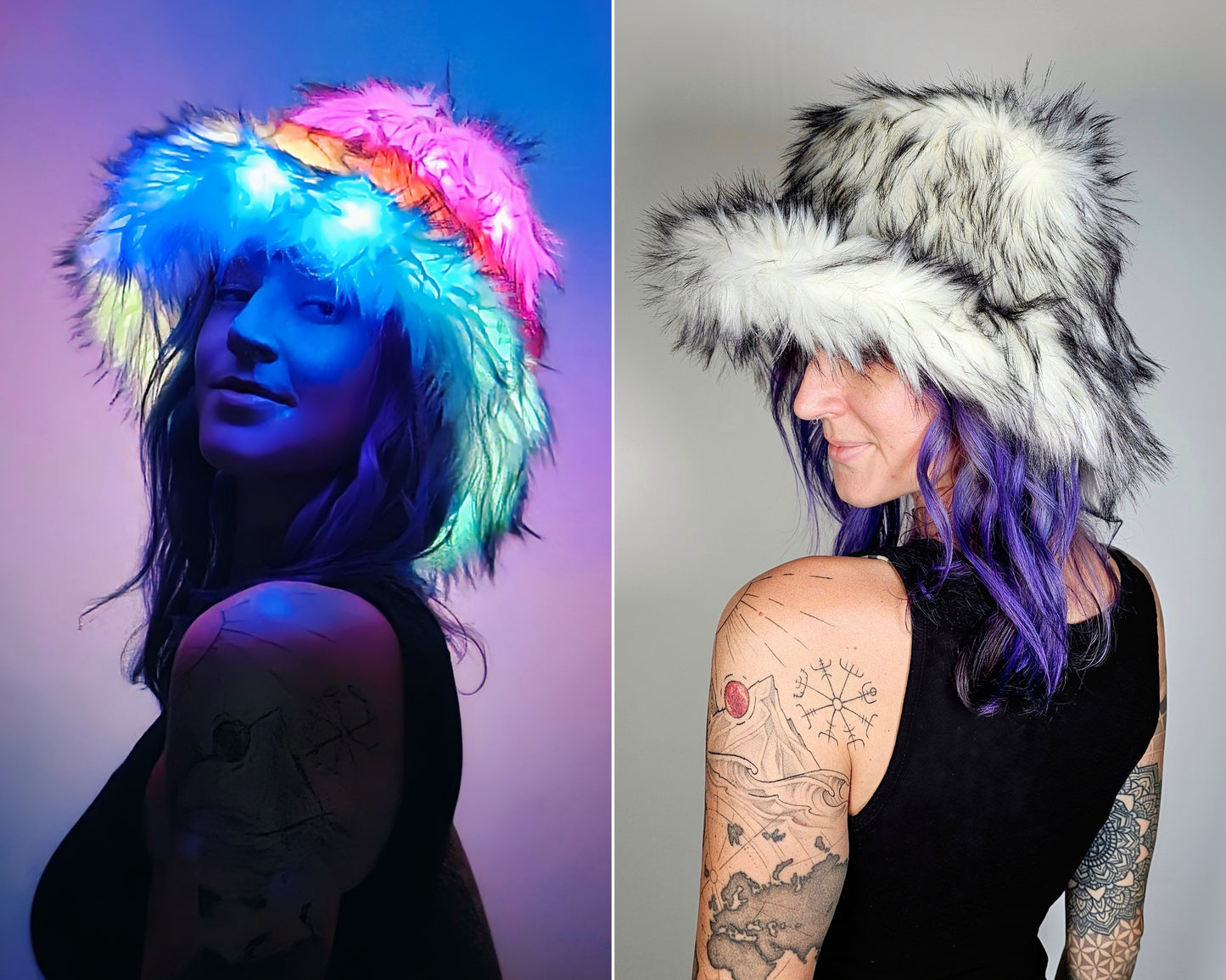 Image collage - left image is a woman wearing an LED bucket hat in the dark with lights illuminated and image on the right is a woman wearing a faux fur bucket hat in bright light