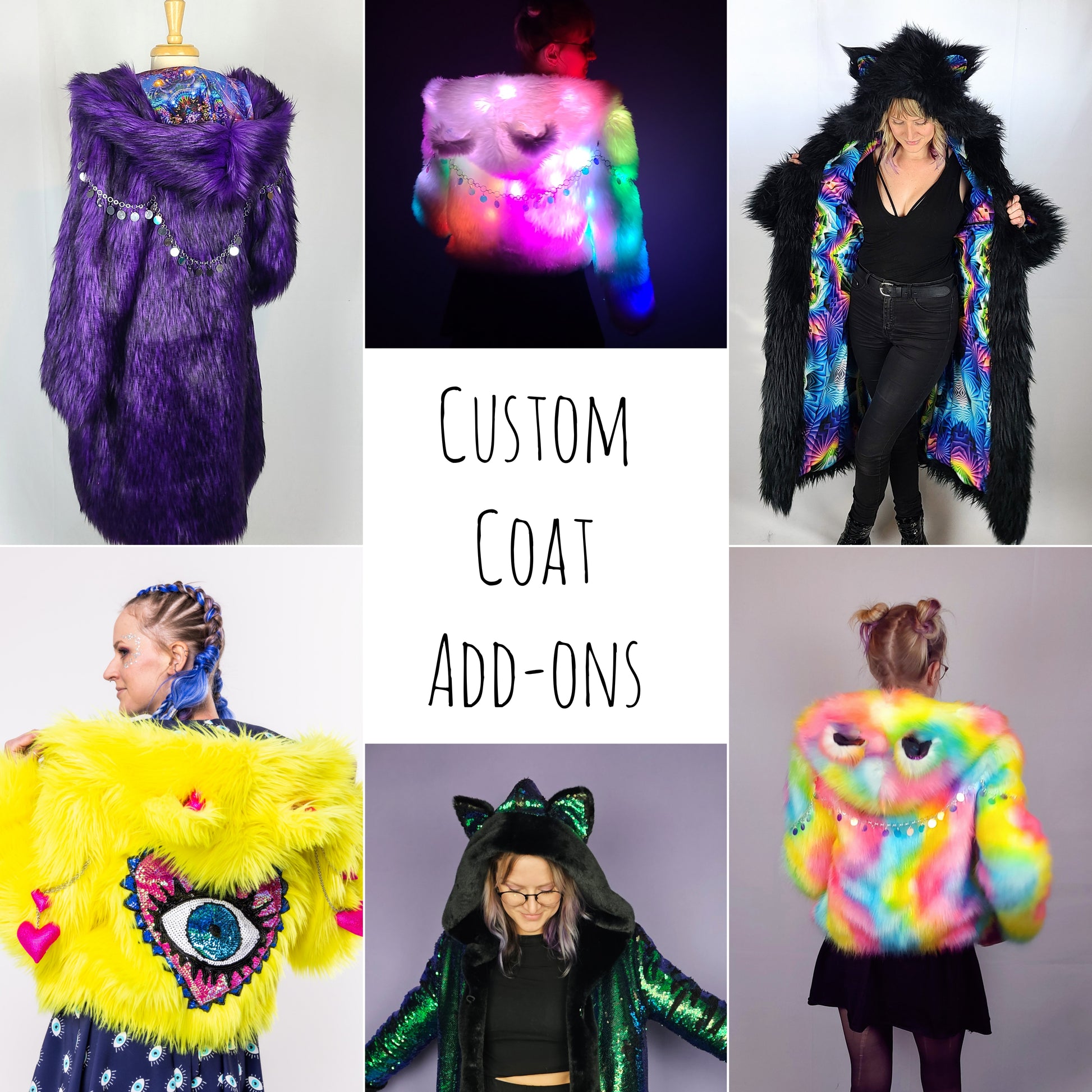 Collage image showing different options for customization of a custom fur coat.