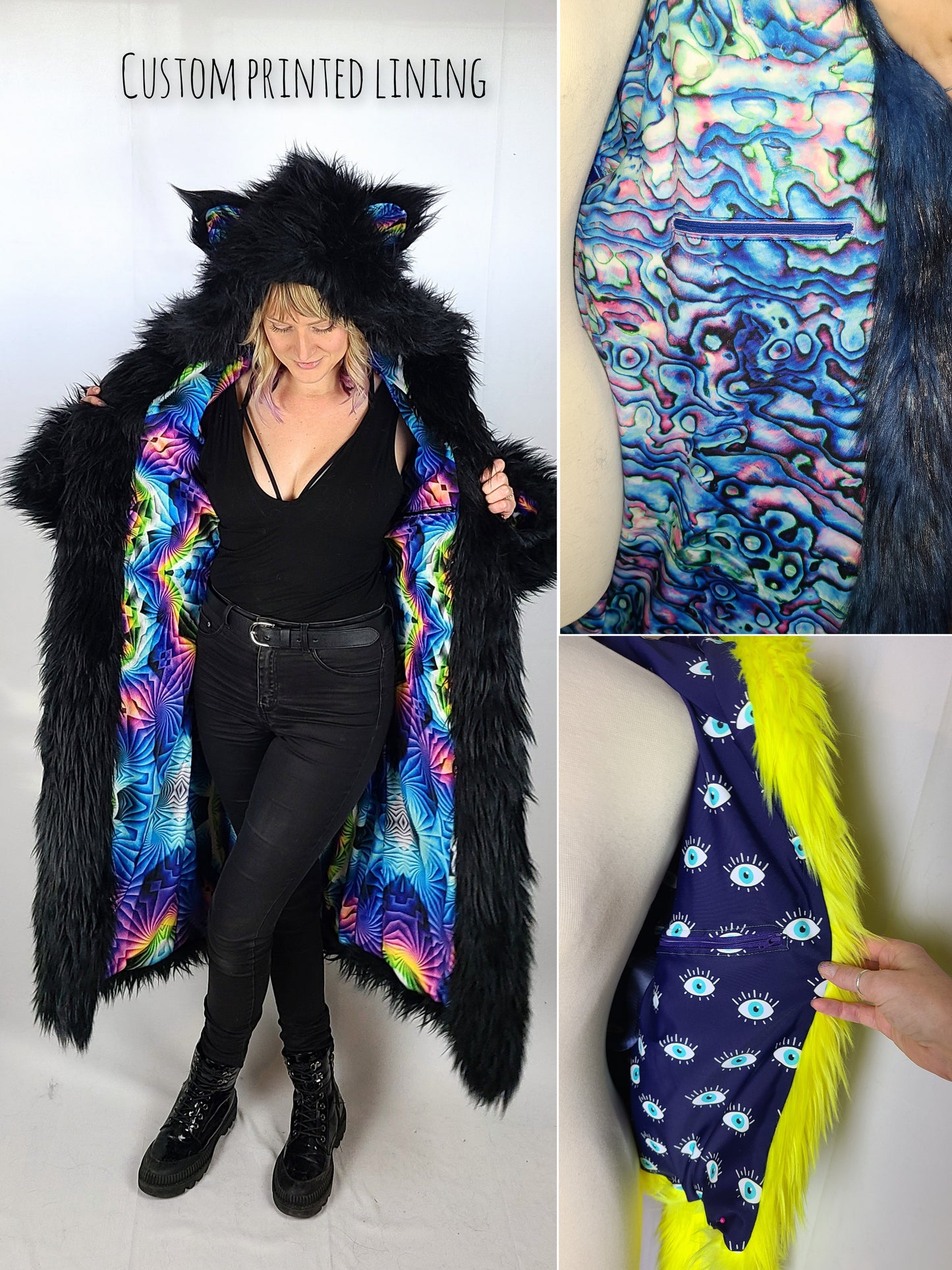 Collage image showing examples of custom lining for faux fur coat.