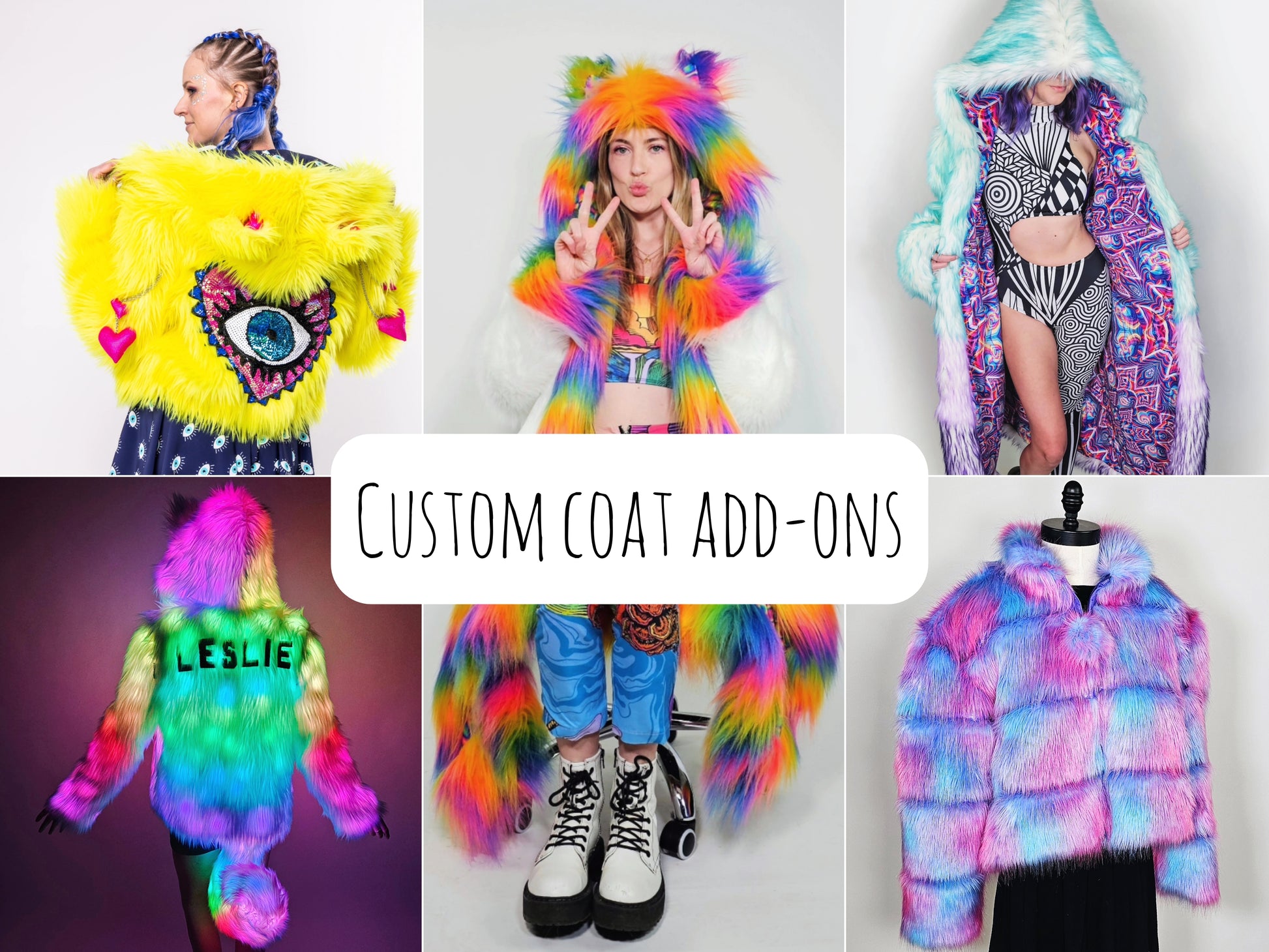 Collage of colorful custom coat add-ons with people wearing them.