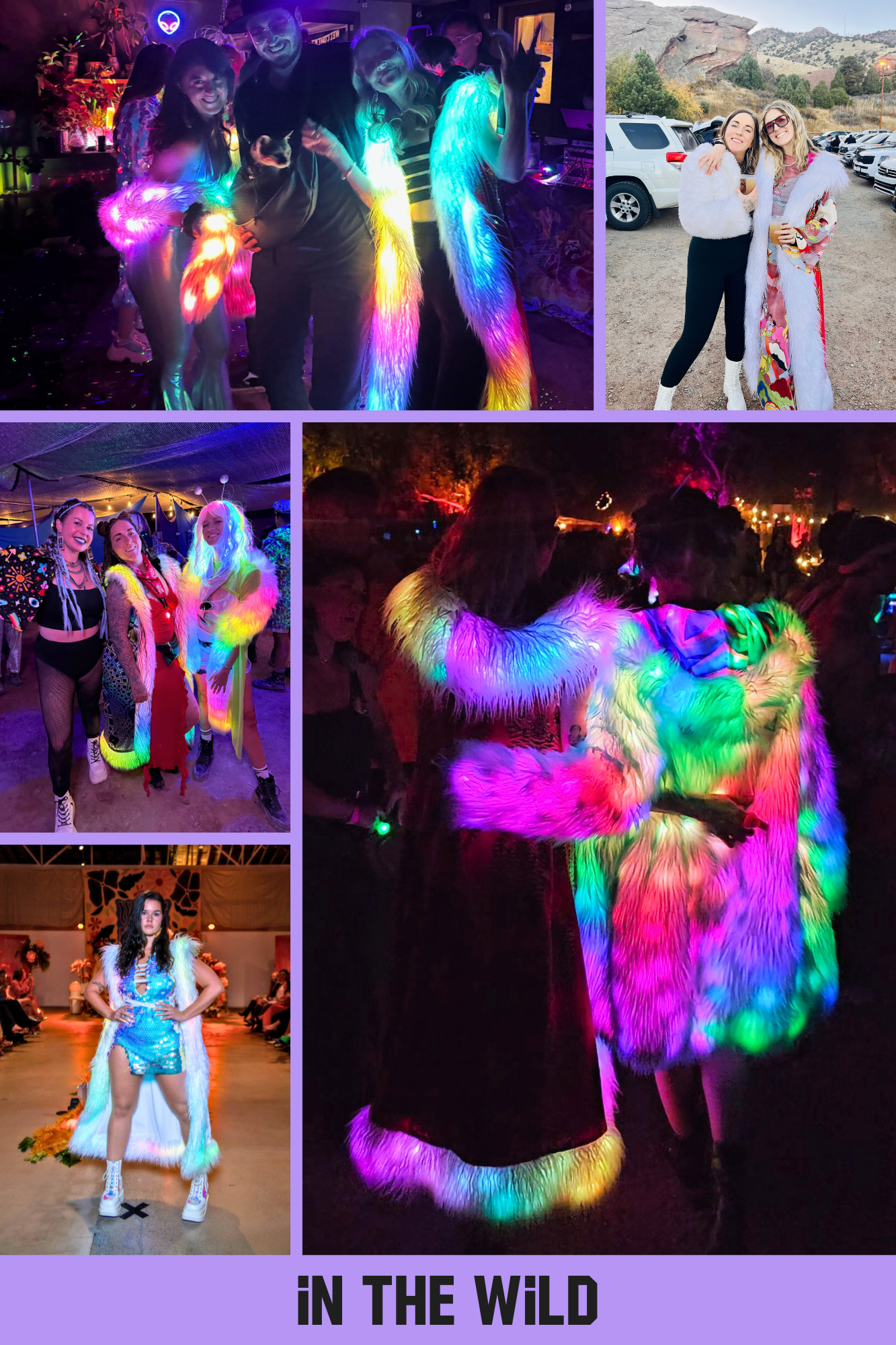 Collage of people wearing LED duster in various settings.