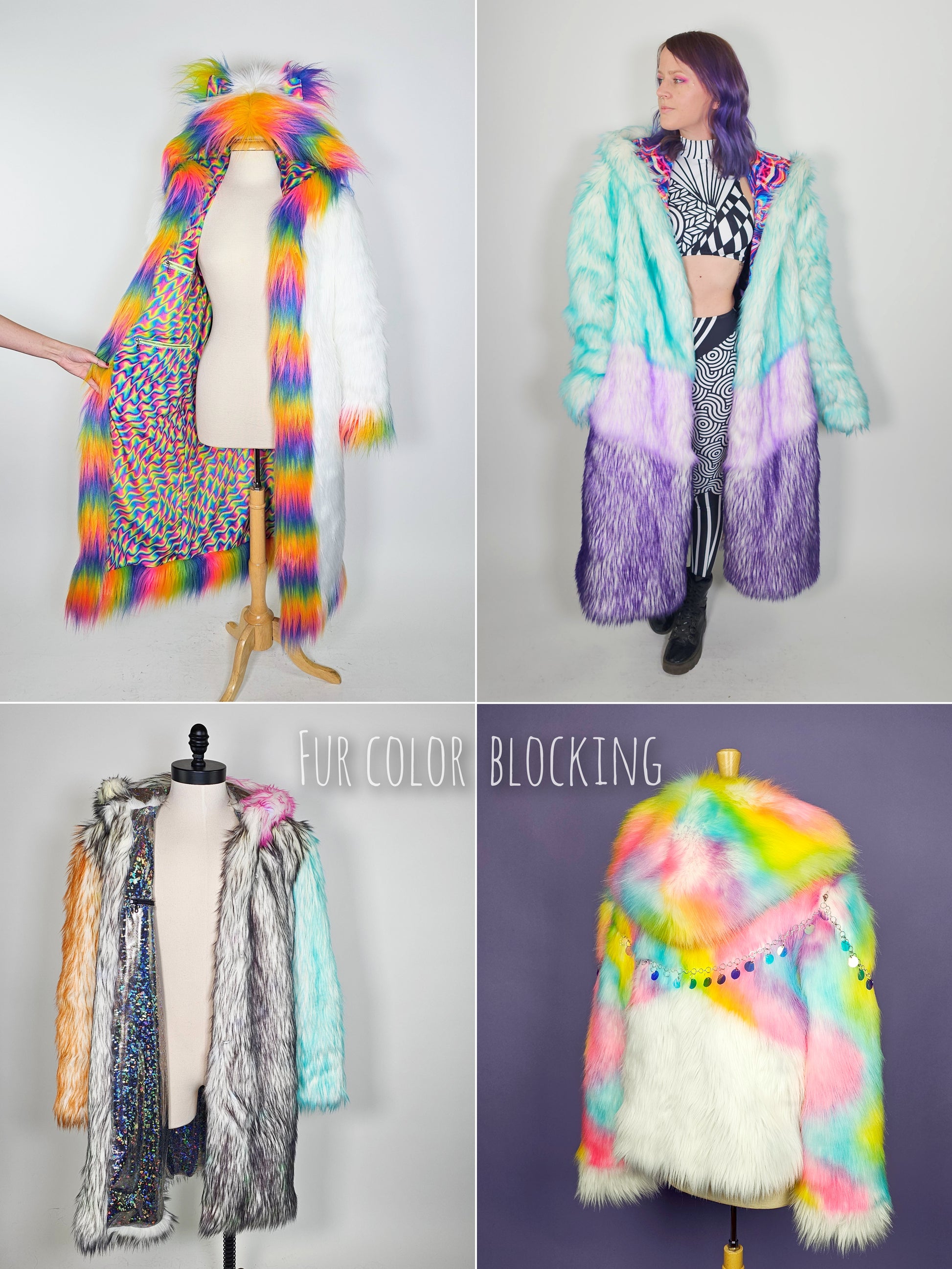 Collage of colorful fur coats and scarves with a focus on fur color blocking.