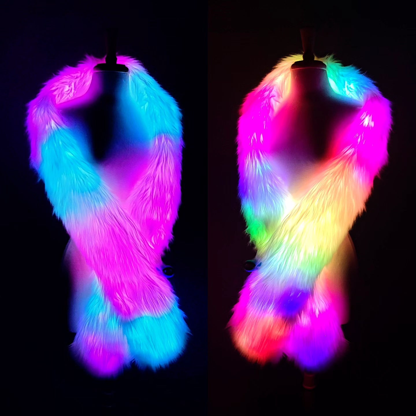 Collage of faux fur glow worm scarf illuminated by colorful leds.