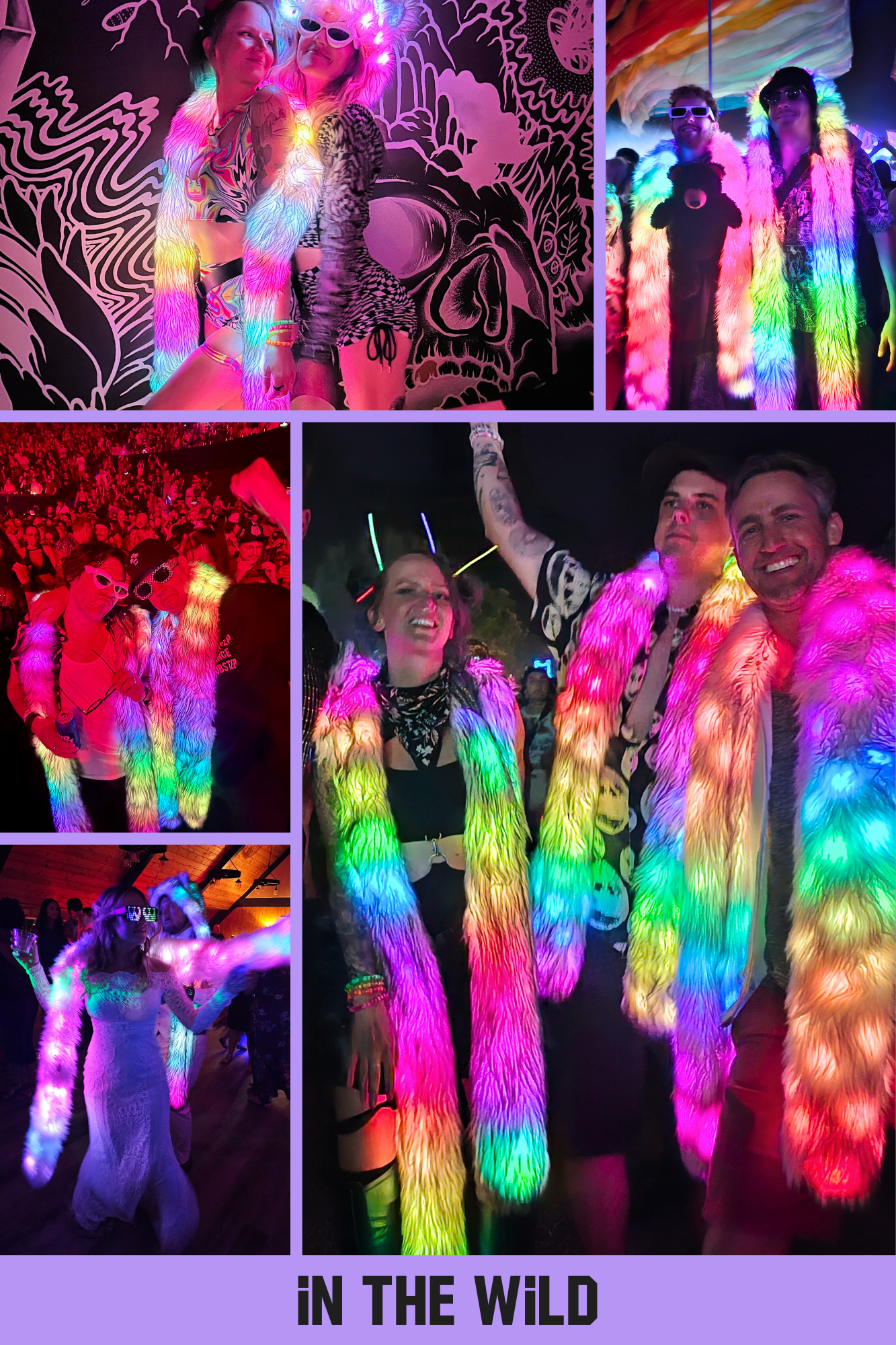 Collage of people wearing LED scarves in various settings with the text 'In the Wild'.
