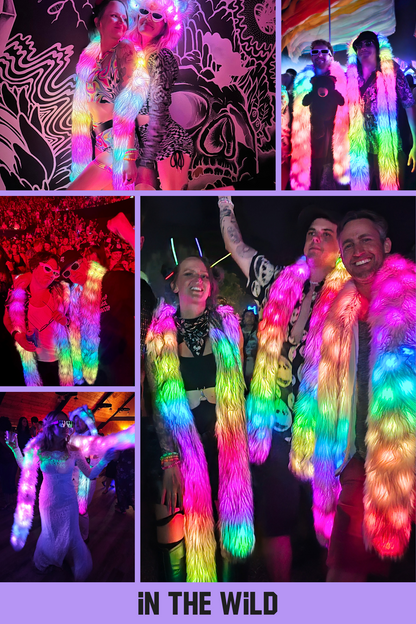 Collage of people wearing LED scarves in various settings with the text 'In the Wild'.