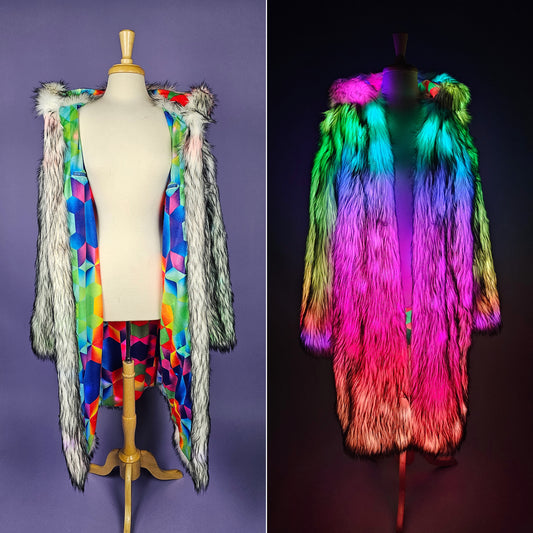 Collage of gray faux fur coat illuminated by multicolor leds.