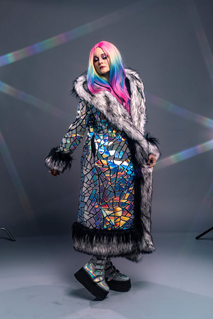 model wearing silver holographic coat with LED fur trim