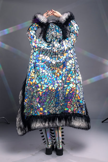 model wearing silver holographic coat with LED fur trim