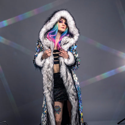 model wearing silver holographic coat with LED fur trim