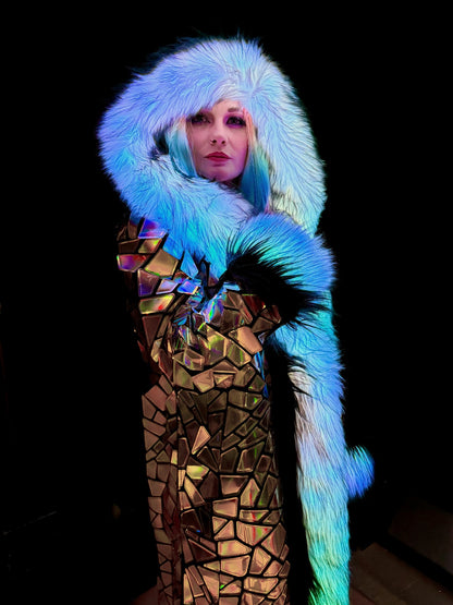 Person wearing holographic coat with LED fur trim