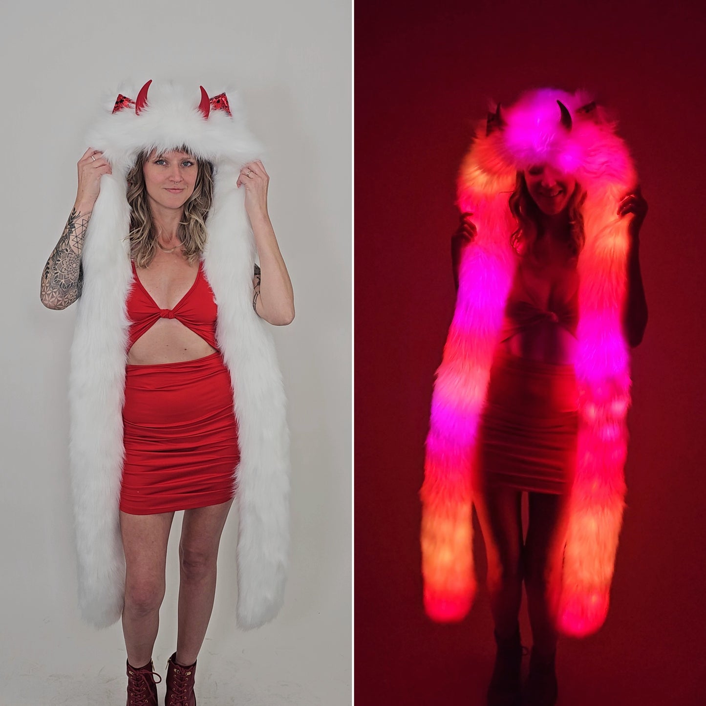 White faux fur hood with red horns