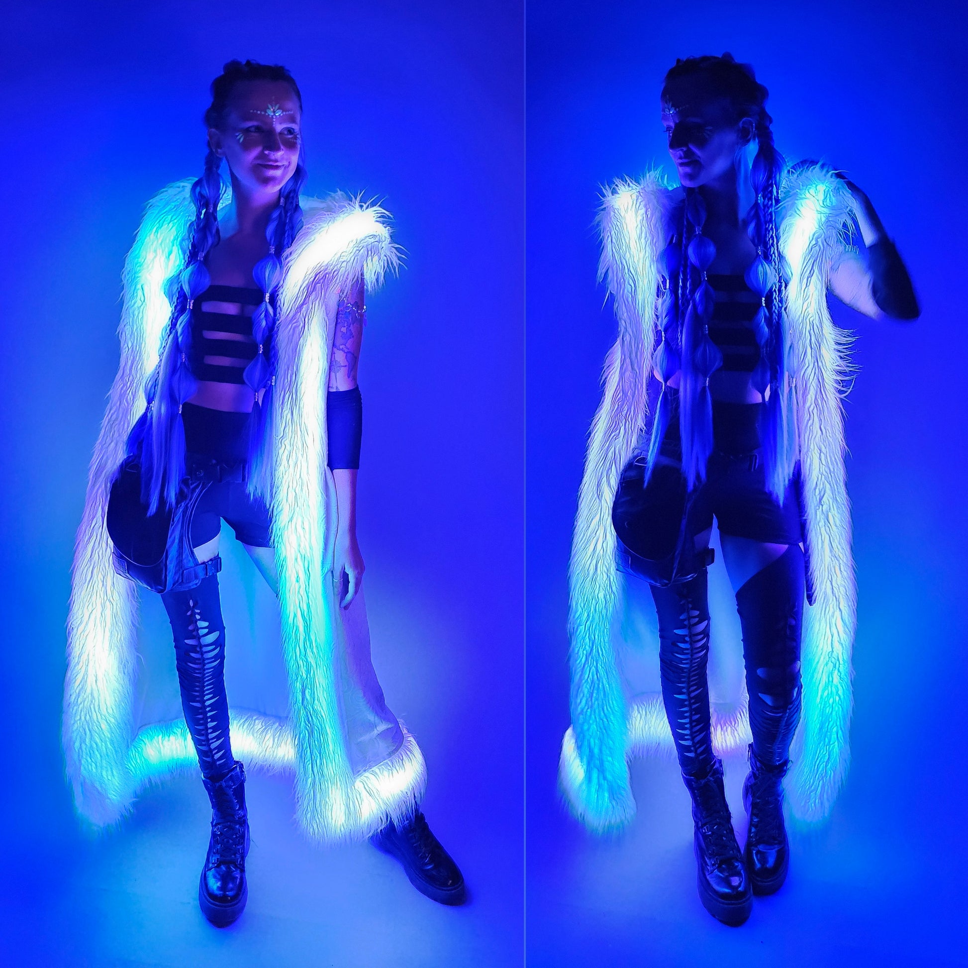 Collage of Long white velvet duster vest with white faux fur trim viewed with blacklight.