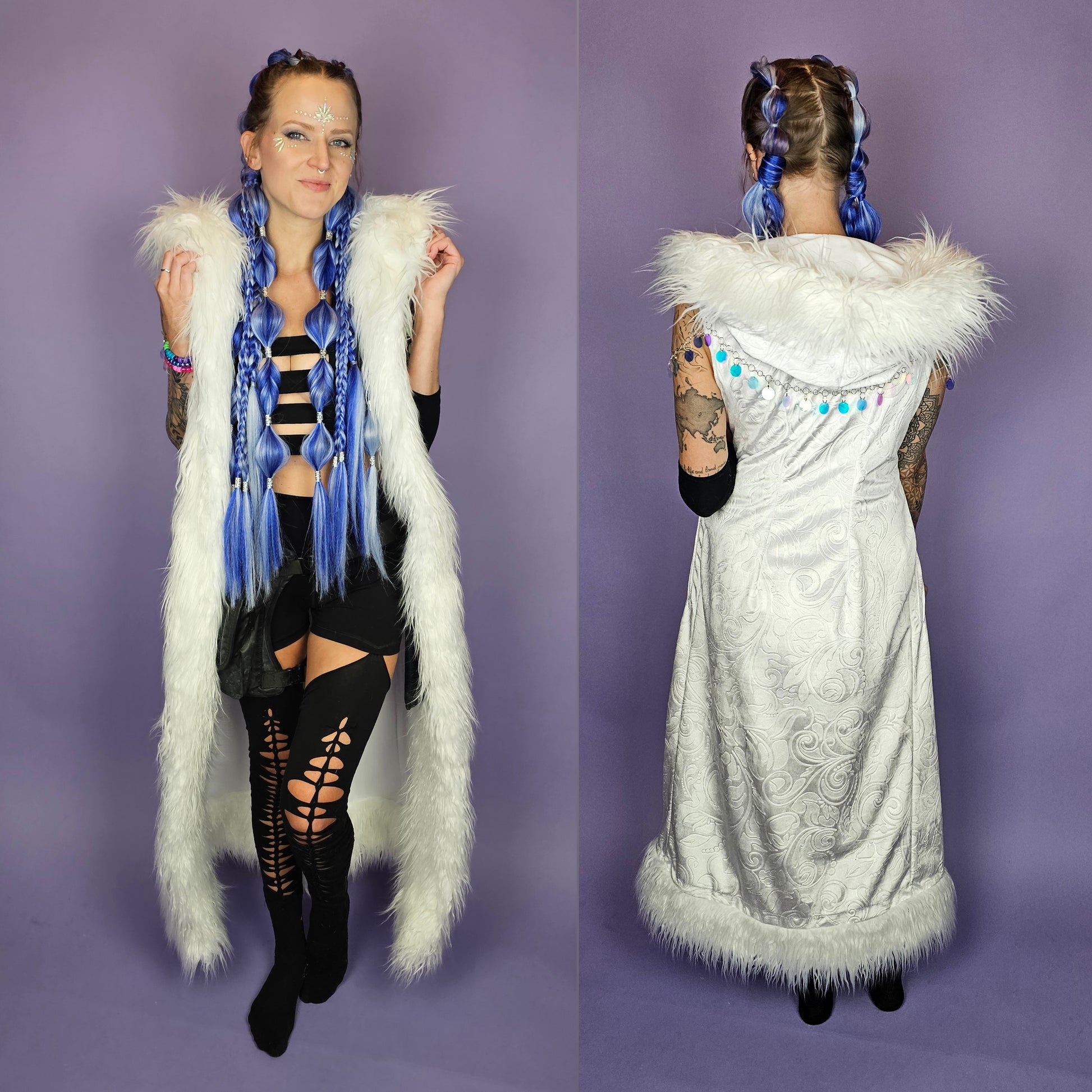 Long white velvet duster vest with white faux fur trim.