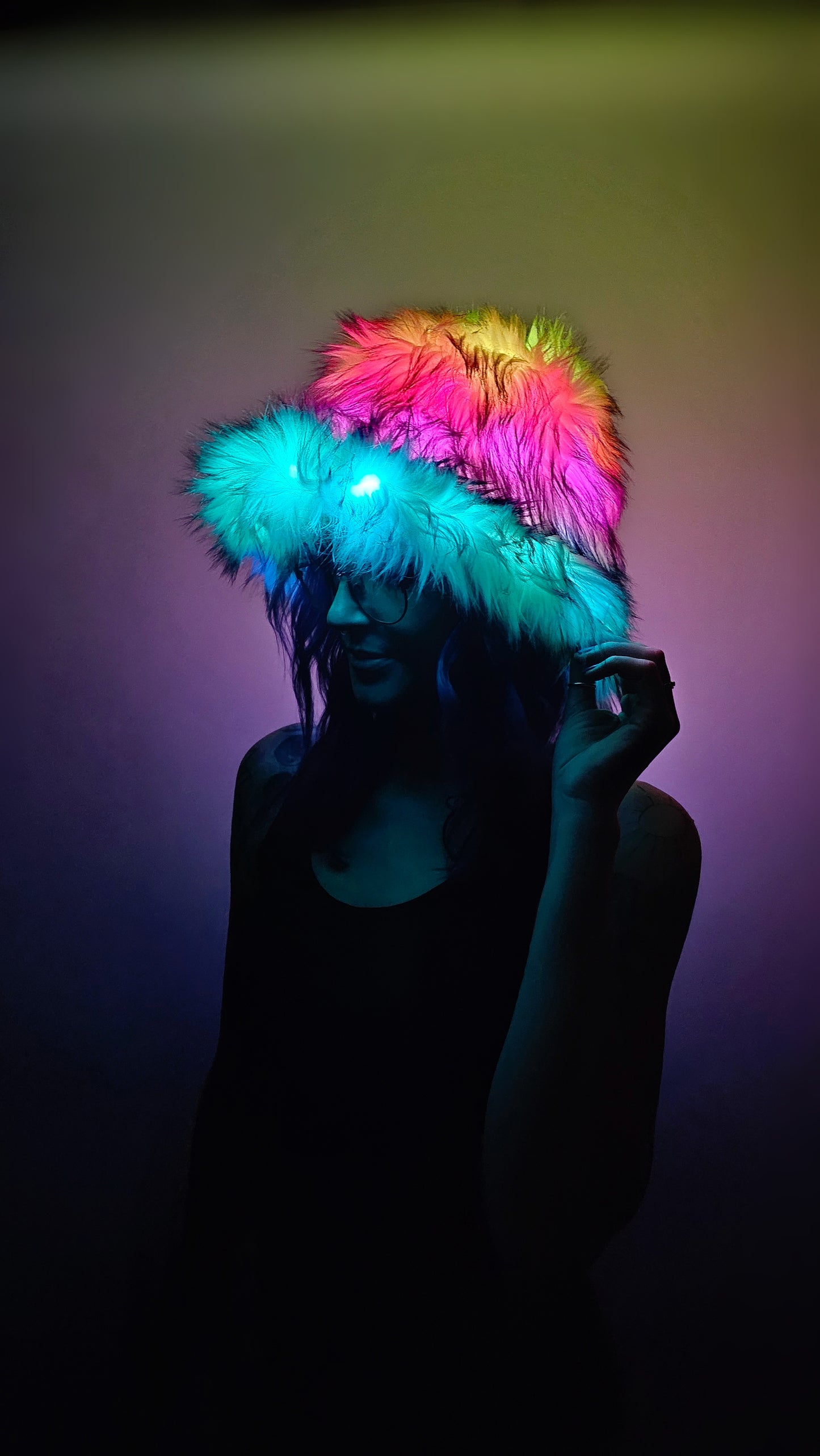 Custom faux fur bucket hat illuminated with leds.