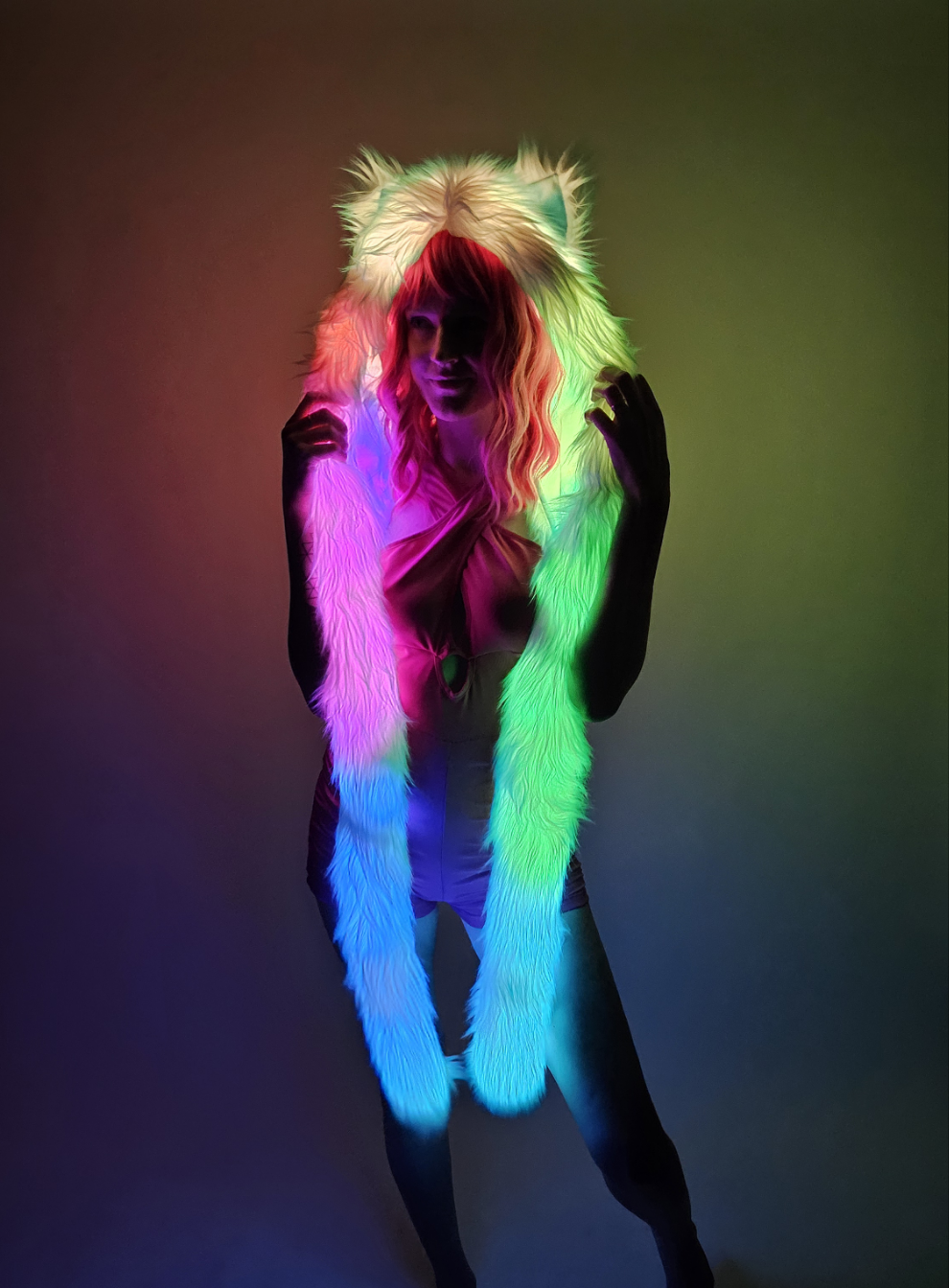 Faux fur hood with LEDs