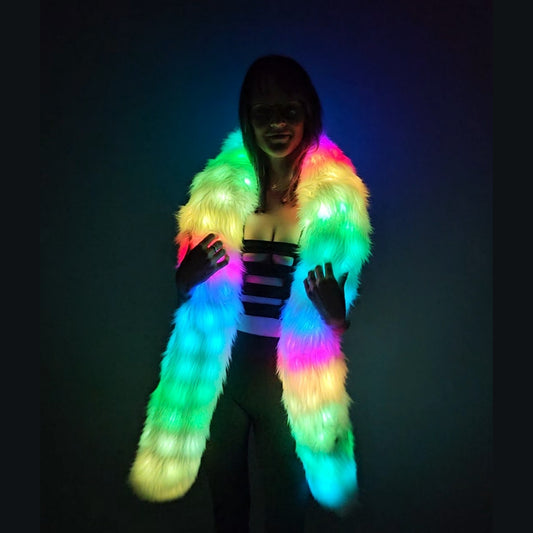 Woman wearing a white faux fur Glow Worm scarf with multicolor LEDs.